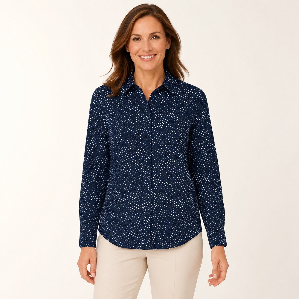 Talbots Women's Medium Navy‎ White Micro Dot Hidden Button Long Sleeve Shirt